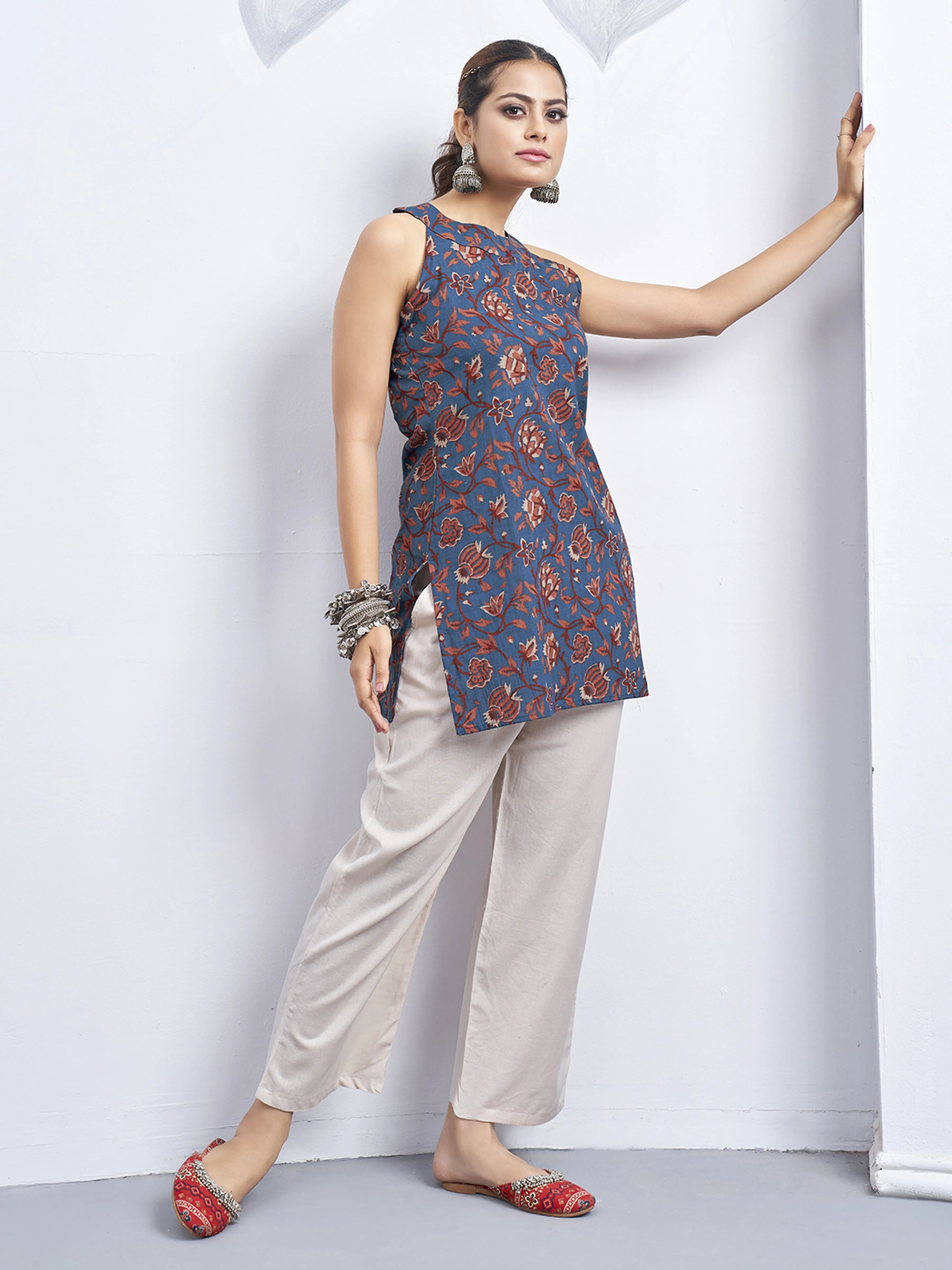 Deep Blue Halter Neck Cotton Kurti with Floral Block Print