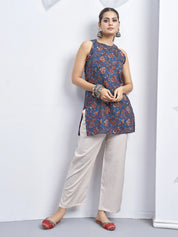 Deep Blue Halter Neck Cotton Kurti with Floral Block Print