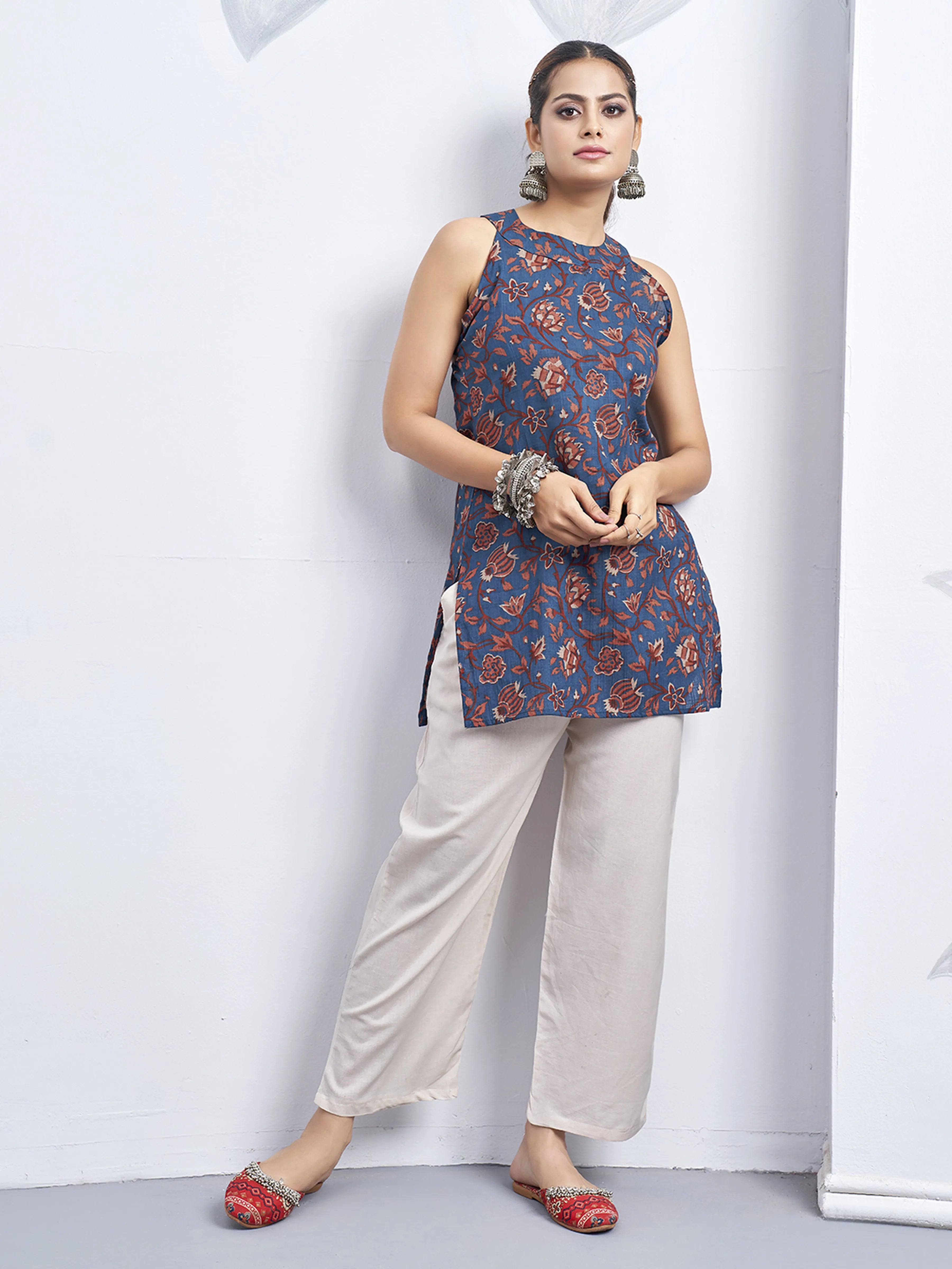 Deep Blue Halter Neck Cotton Kurti with Floral Block Print