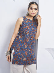 Deep Blue Halter Neck Cotton Kurti with Floral Block Print