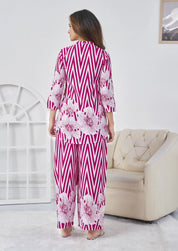 Pink & White Stripes Large Floral Print Cotton Co-ord Set