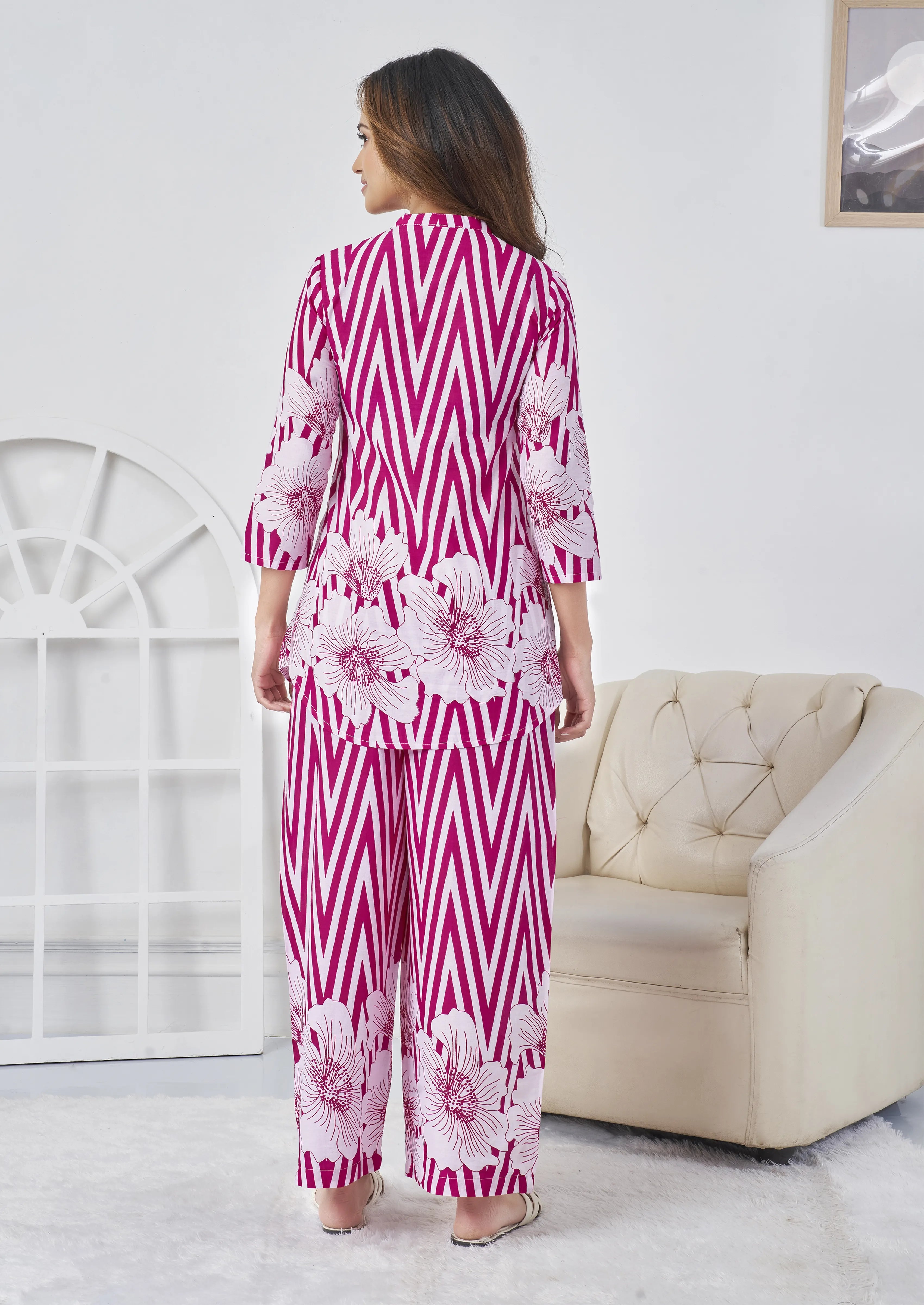 Pink & White Stripes Large Floral Print Cotton Co-ord Set