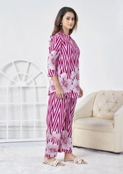 Pink & White Stripes Large Floral Print Cotton Co-ord Set