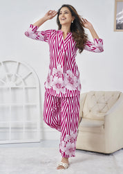 Pink & White Stripes Large Floral Print Cotton Co-ord Set