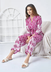Pink & White Stripes Large Floral Print Cotton Co-ord Set