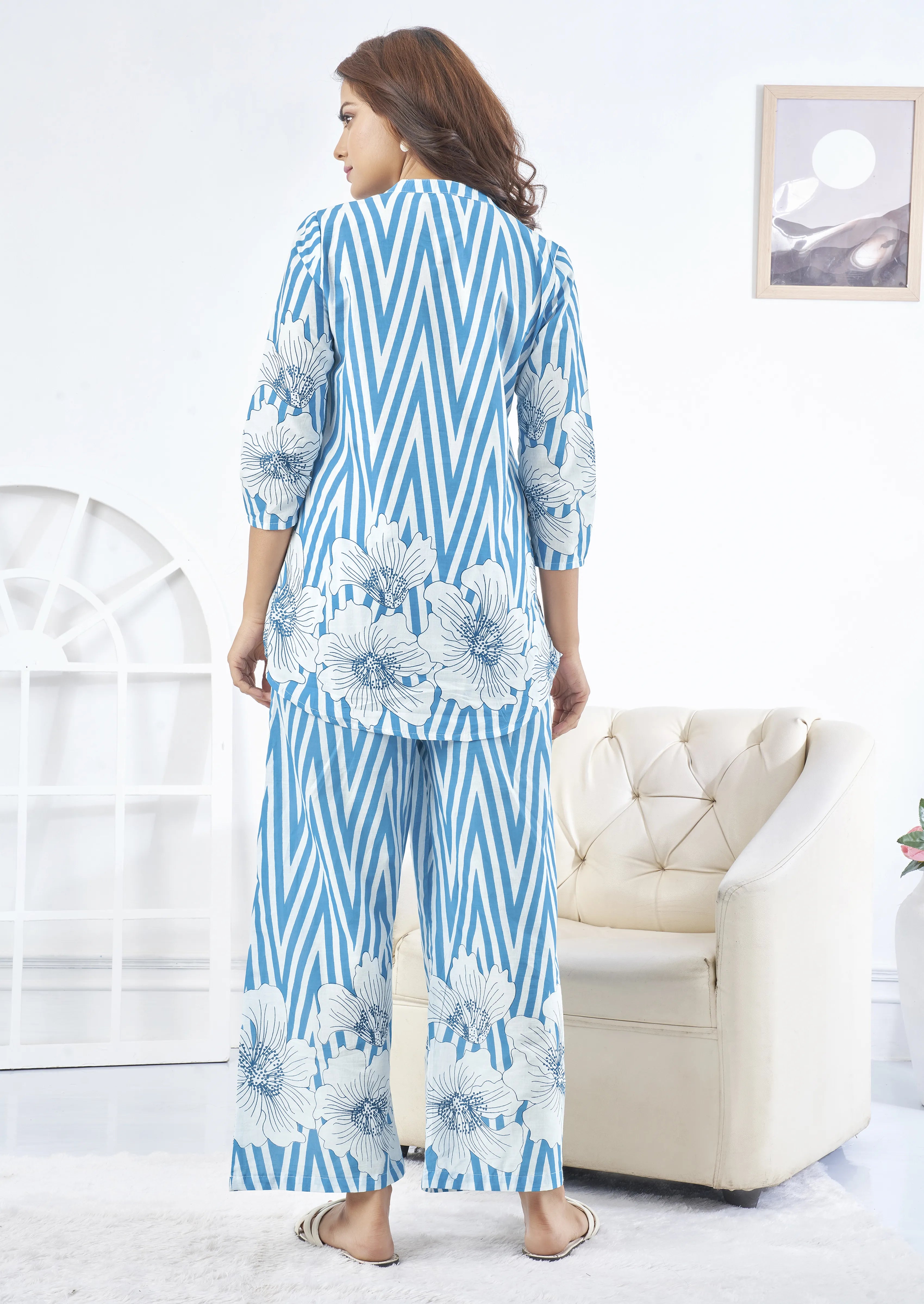 Sky Blue & White Stripes Large Floral Print Cotton Co-ord Set