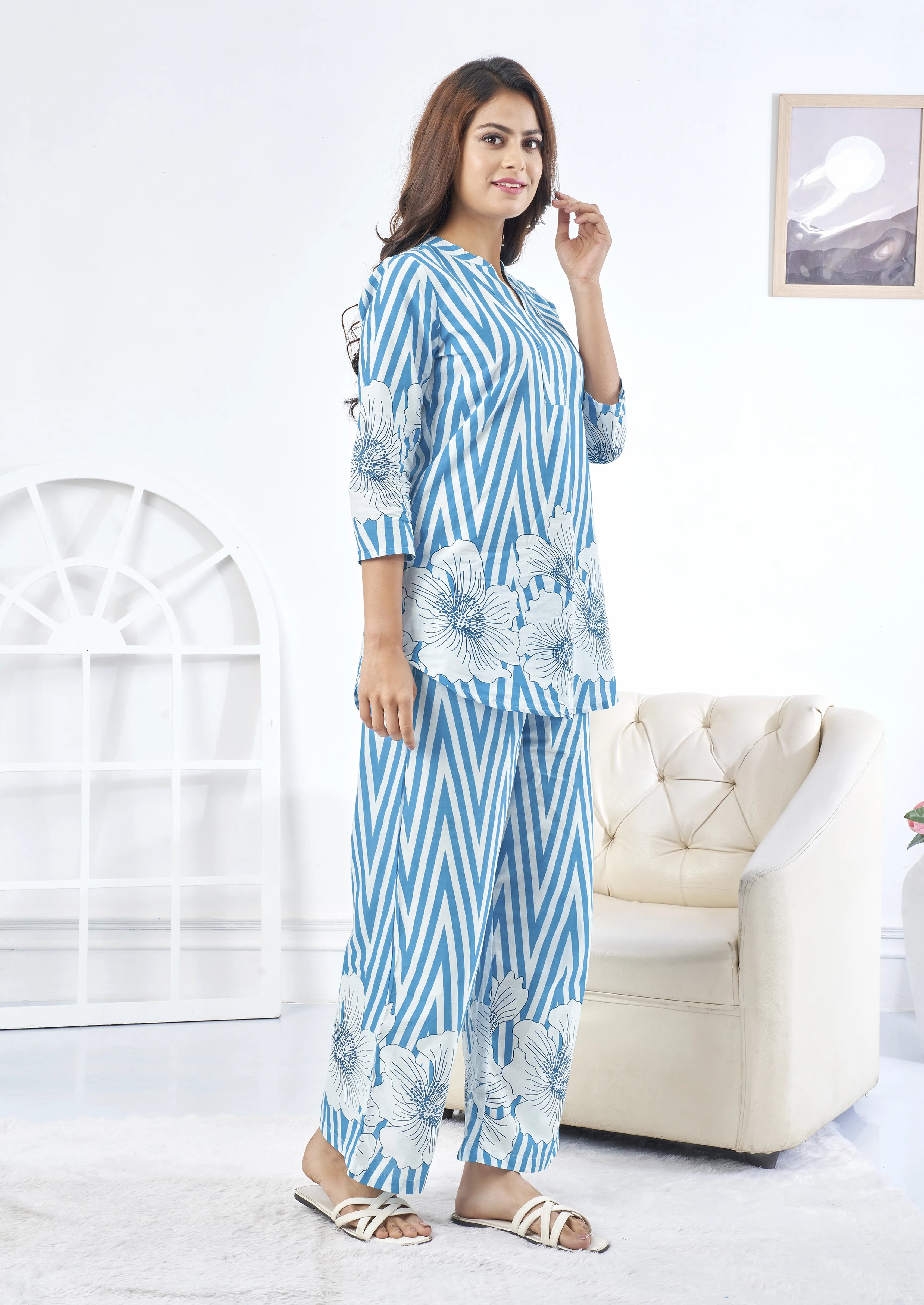 Sky Blue & White Stripes Large Floral Print Cotton Co-ord Set
