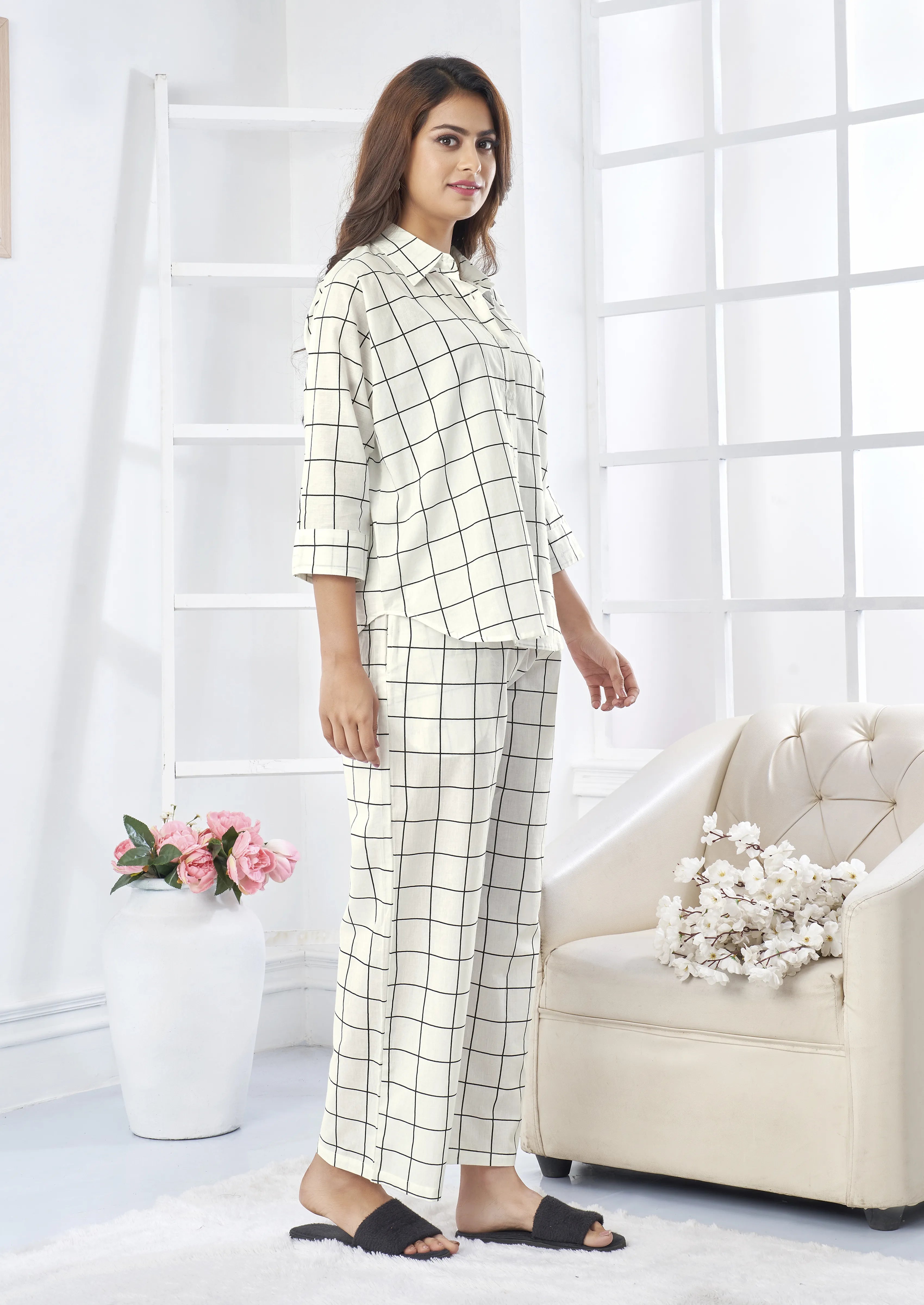 White & Black Checkered Oversized Cotton Co-ord Set