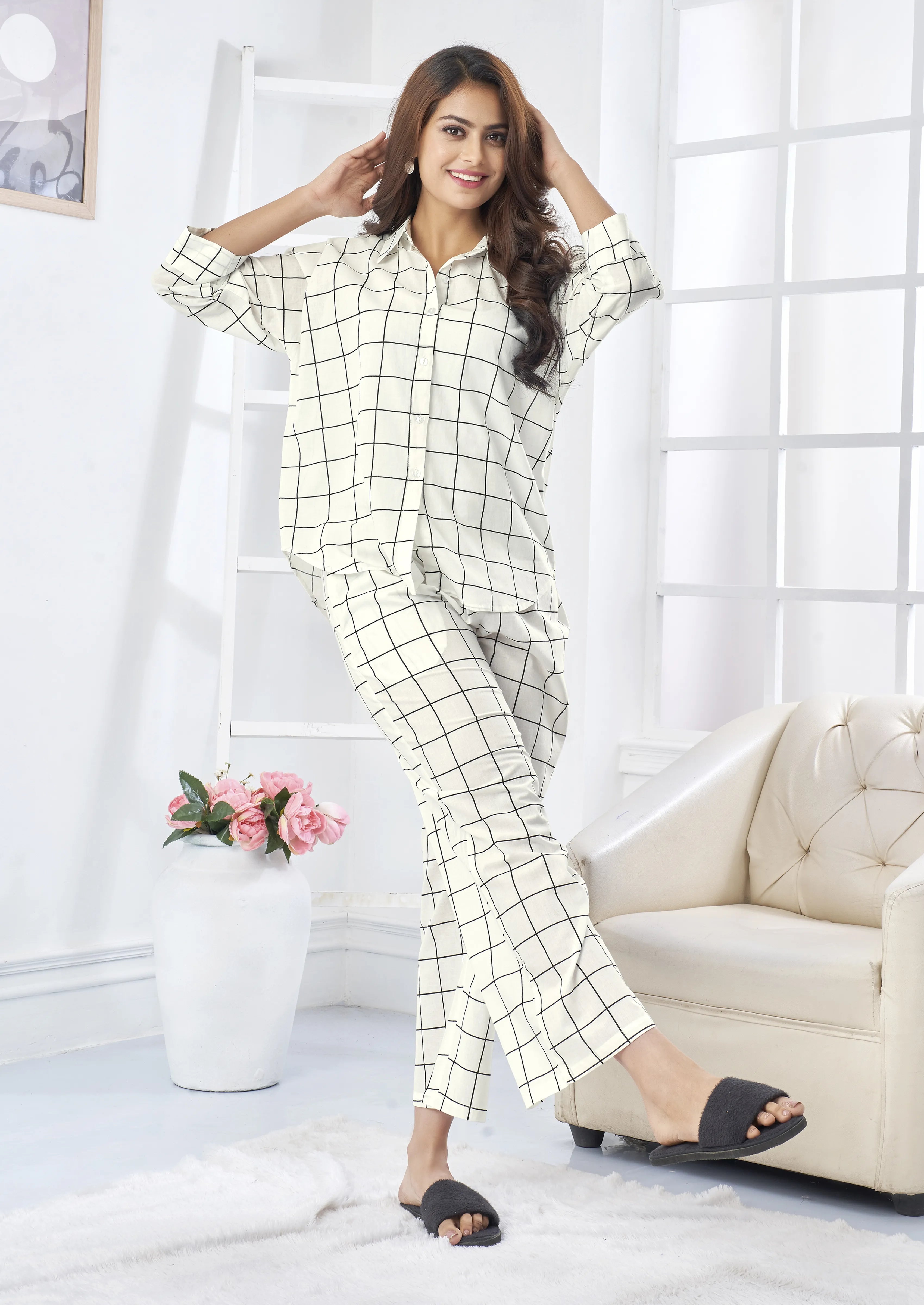 White & Black Checkered Oversized Cotton Co-ord Set