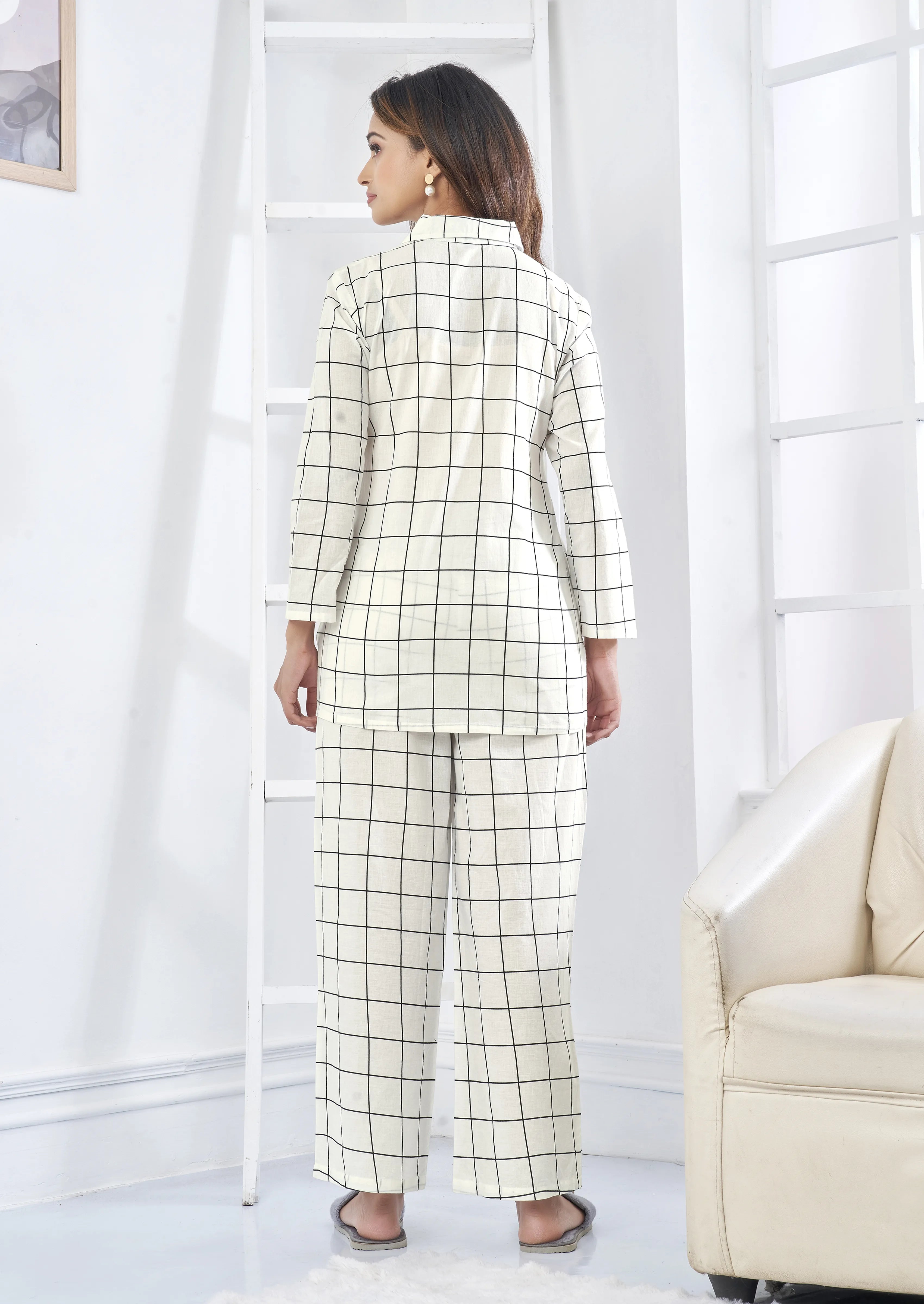 White & Black Checkered Cotton Co-ord Set with Invisible Placket Shirt