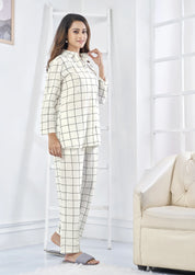 White & Black Checkered Cotton Co-ord Set with Invisible Placket Shirt