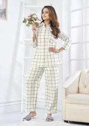 White & Black Checkered Cotton Co-ord Set with Invisible Placket Shirt