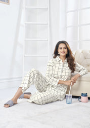 White & Black Checkered Cotton Co-ord Set with Invisible Placket Shirt