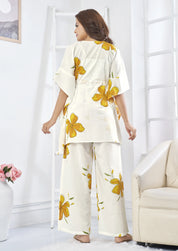 White & Yellow Floral Cotton Kaftan Co-Ord Set with Adjustable Drawstring