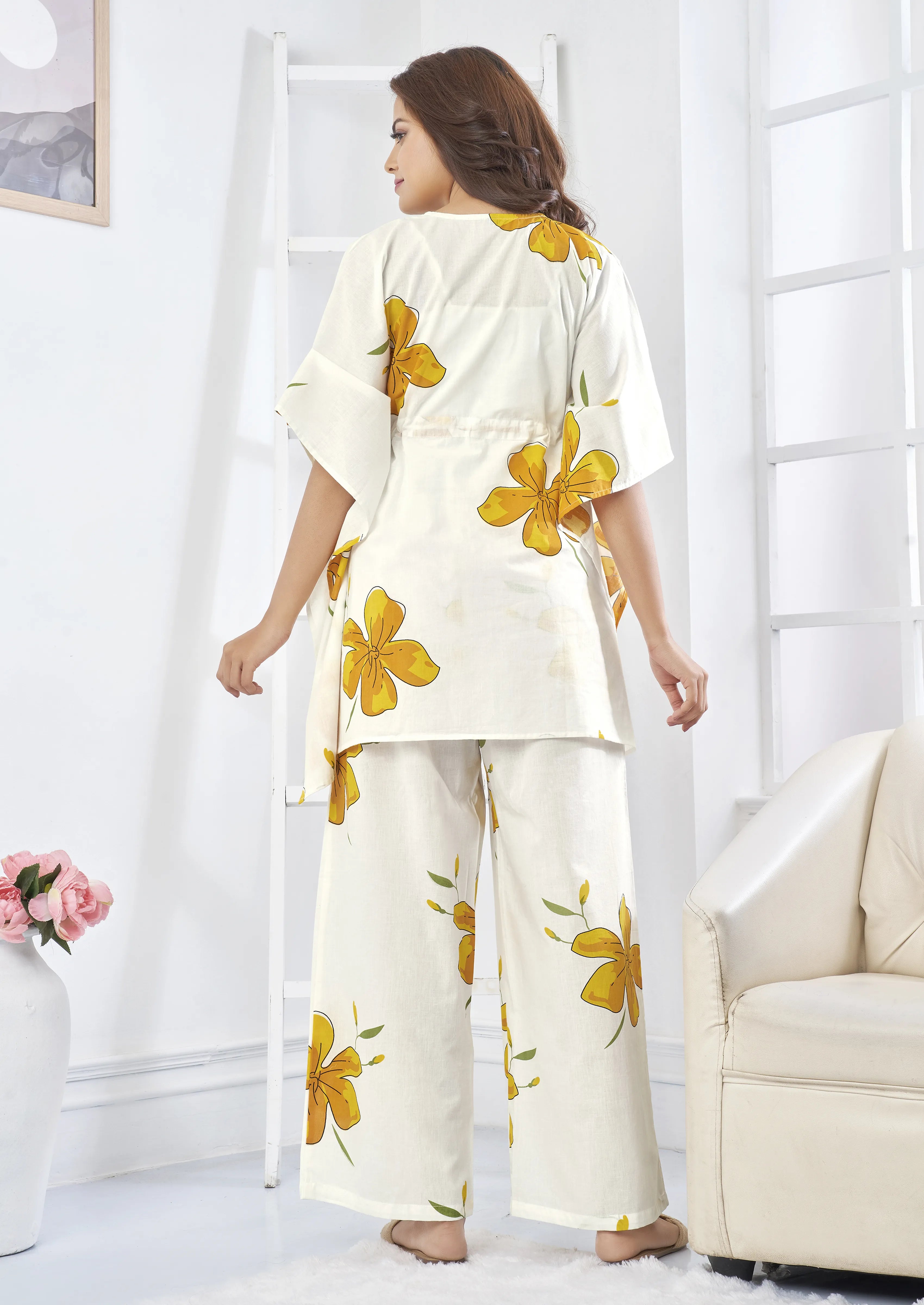 White & Yellow Floral Cotton Kaftan Co-Ord Set with Adjustable Drawstring