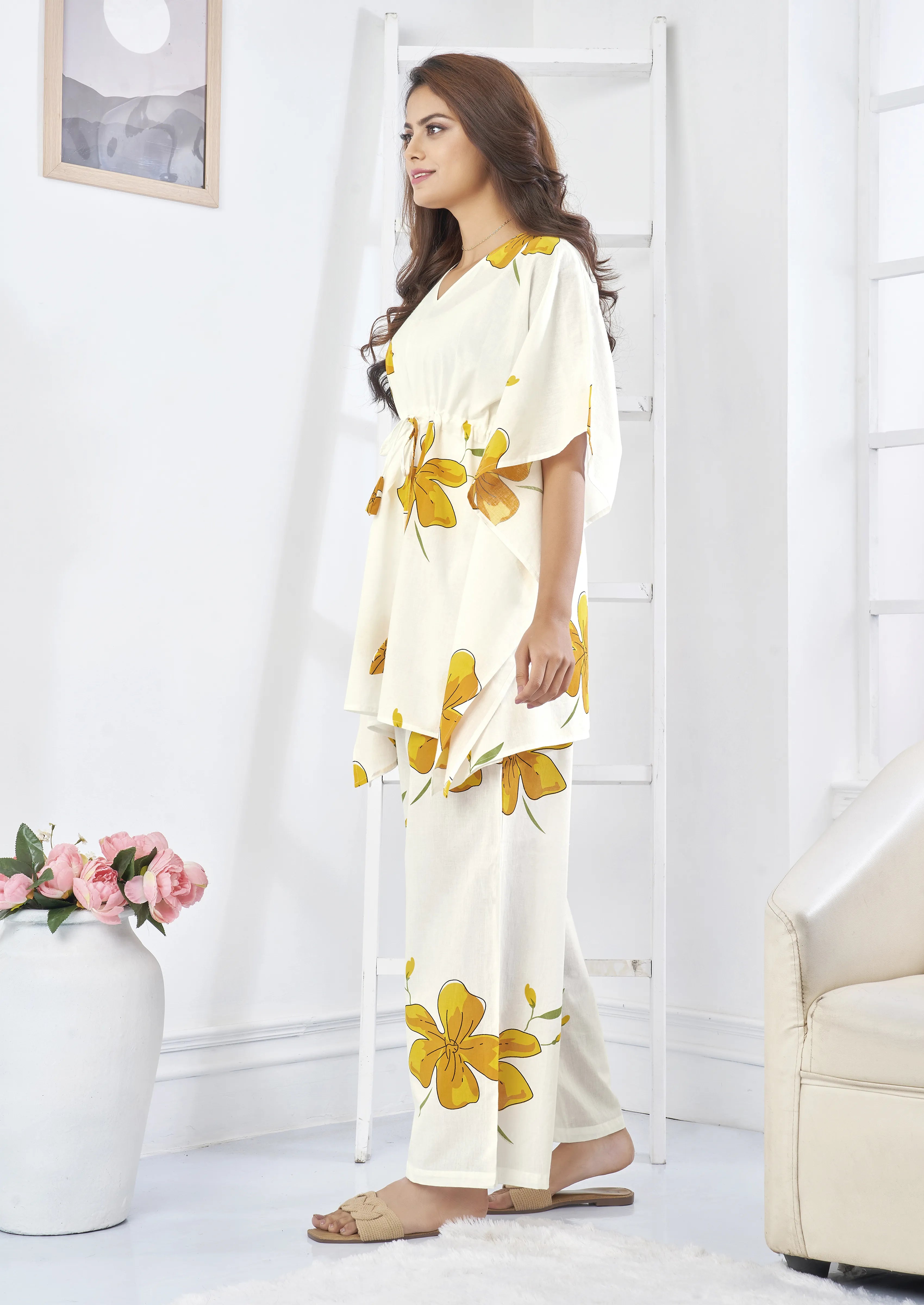 White & Yellow Floral Cotton Kaftan Co-Ord Set with Adjustable Drawstring