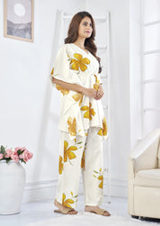 White & Yellow Floral Cotton Kaftan Co-Ord Set with Adjustable Drawstring