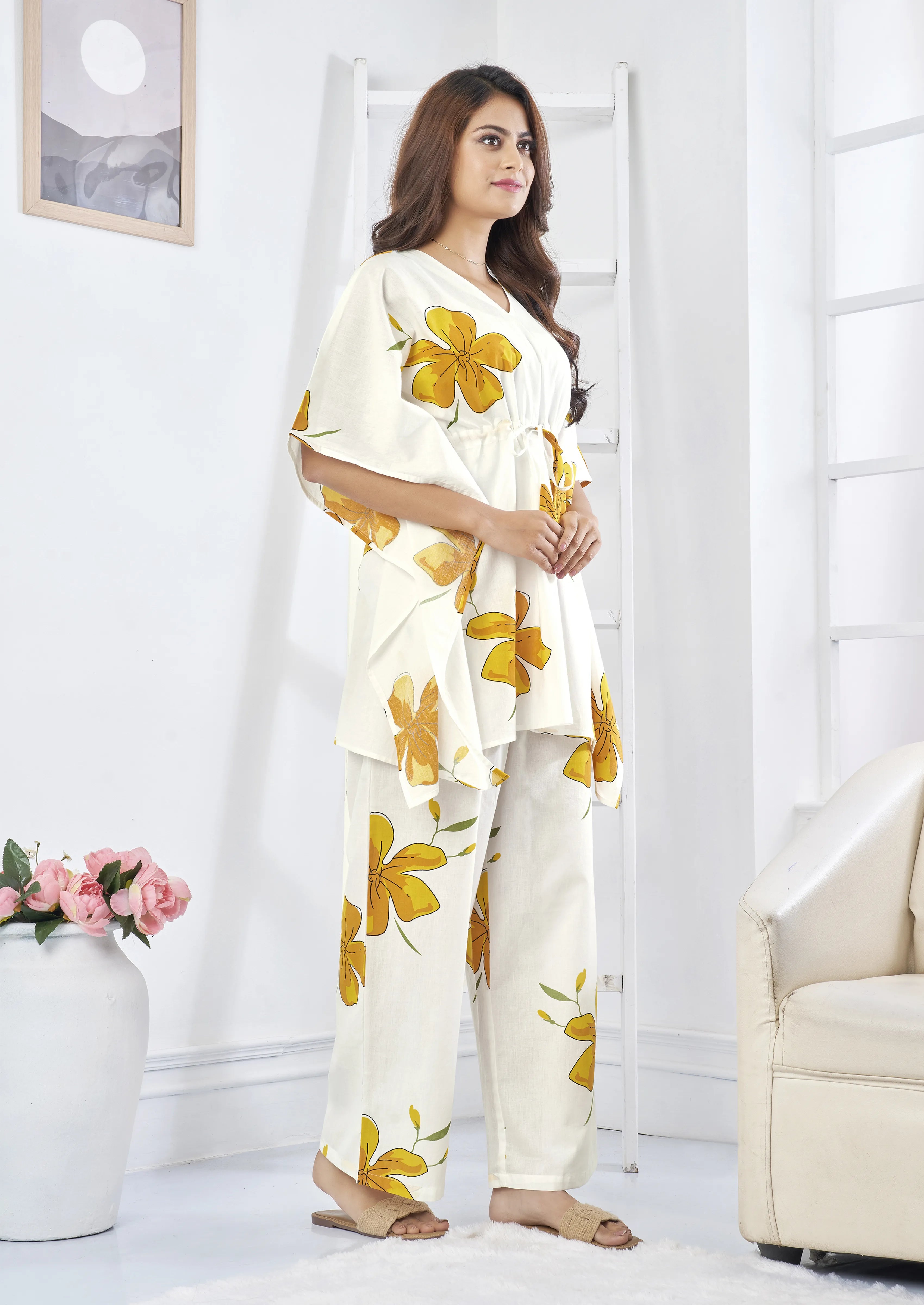 White & Yellow Floral Cotton Kaftan Co-Ord Set with Adjustable Drawstring