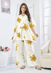 White & Yellow Floral Cotton Kaftan Co-Ord Set with Adjustable Drawstring