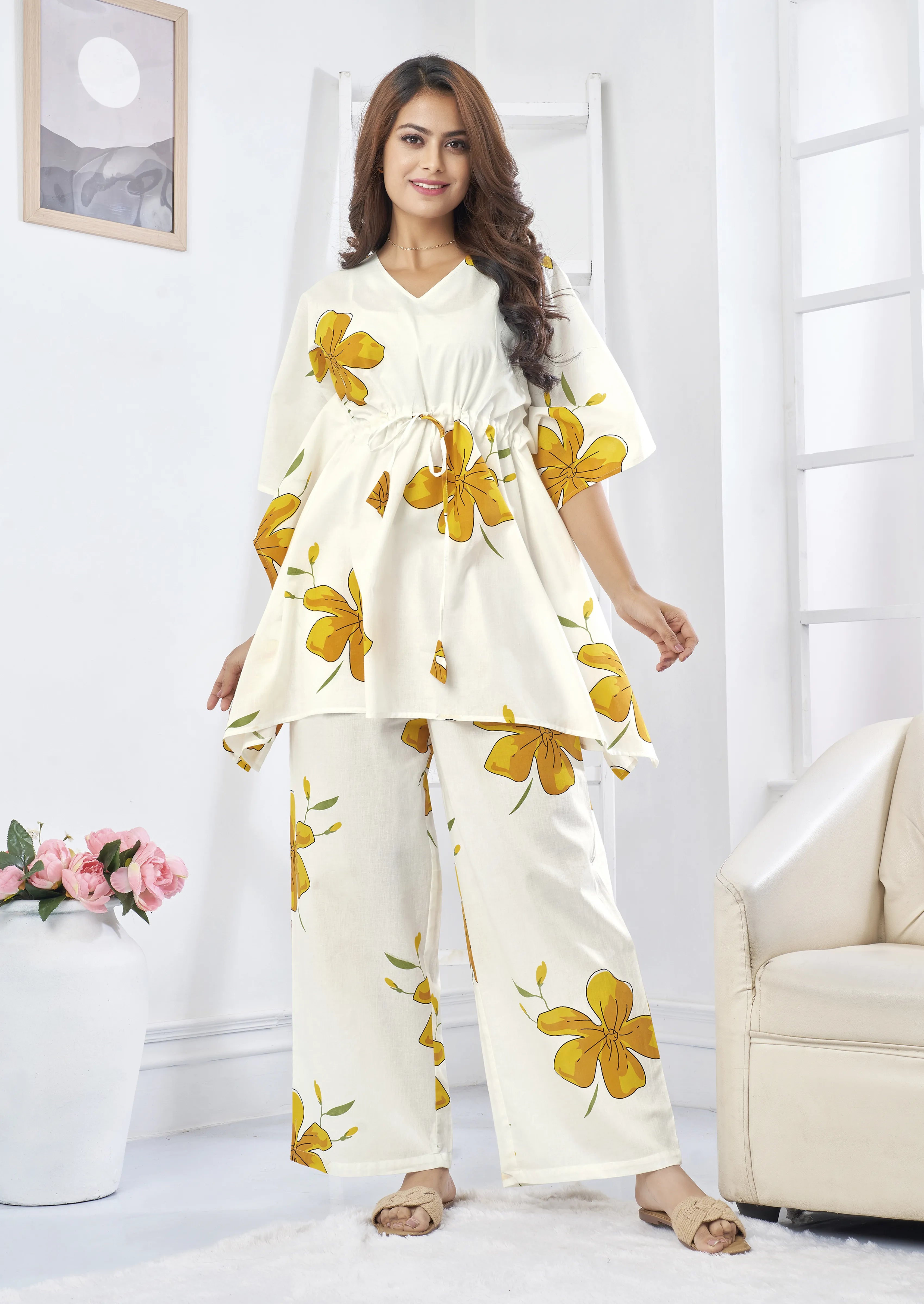 White & Yellow Floral Cotton Kaftan Co-Ord Set with Adjustable Drawstring