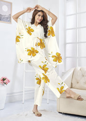 White & Yellow Floral Cotton Kaftan Co-Ord Set with Adjustable Drawstring