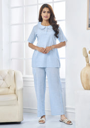 Blue & White Gingham Cotton Co-Ord Set with Peter Pan Collar