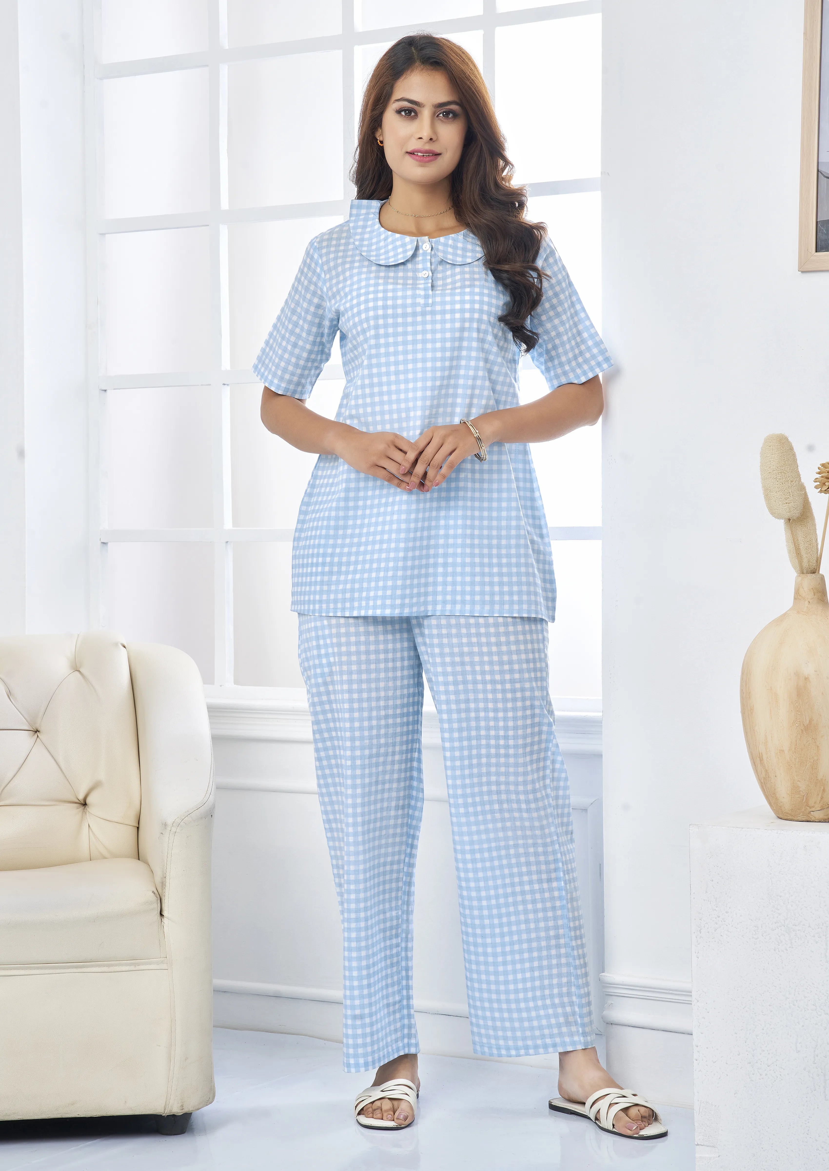 Blue & White Gingham Cotton Co-Ord Set with Peter Pan Collar