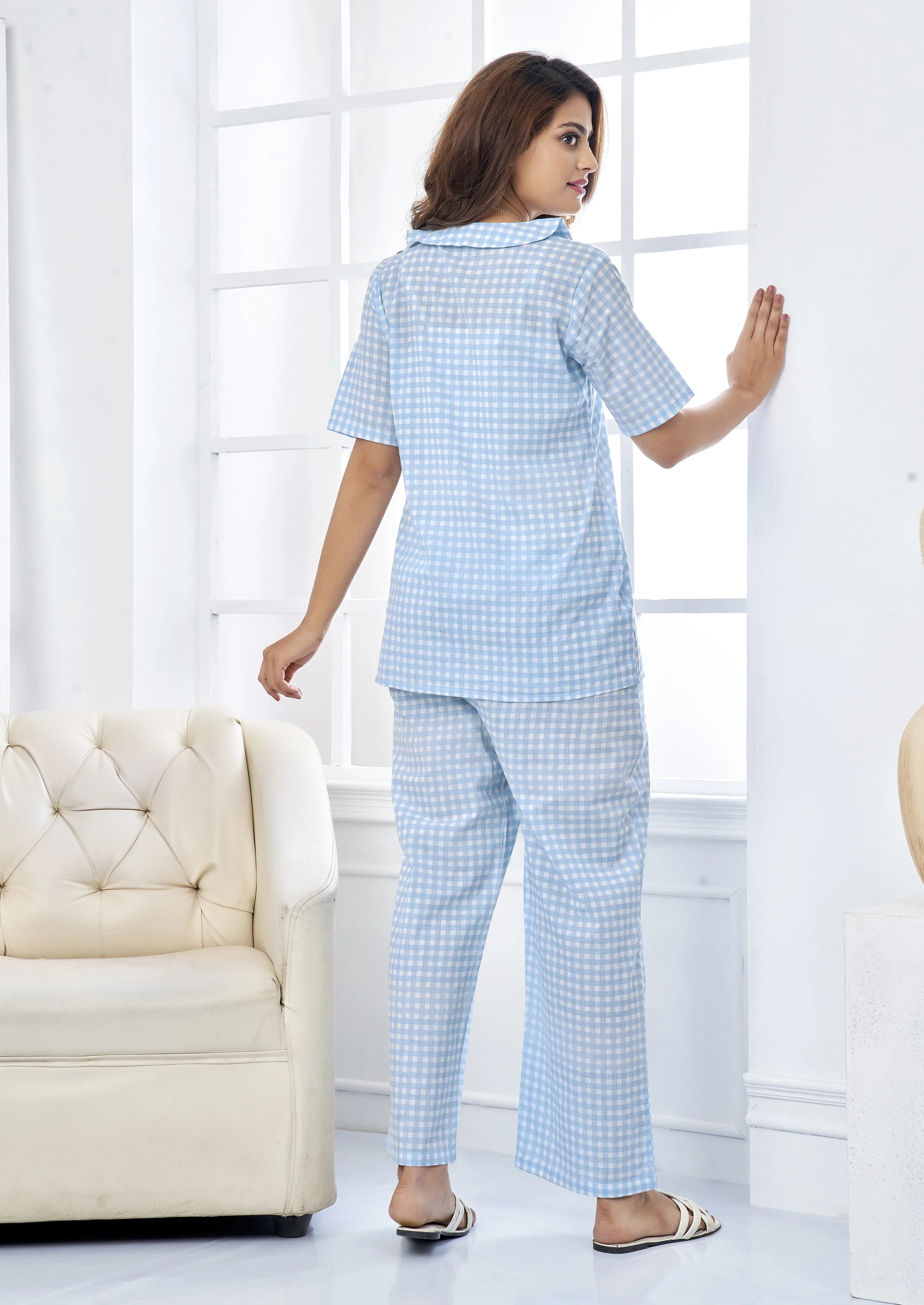 Blue & White Gingham Cotton Co-Ord Set with Peter Pan Collar