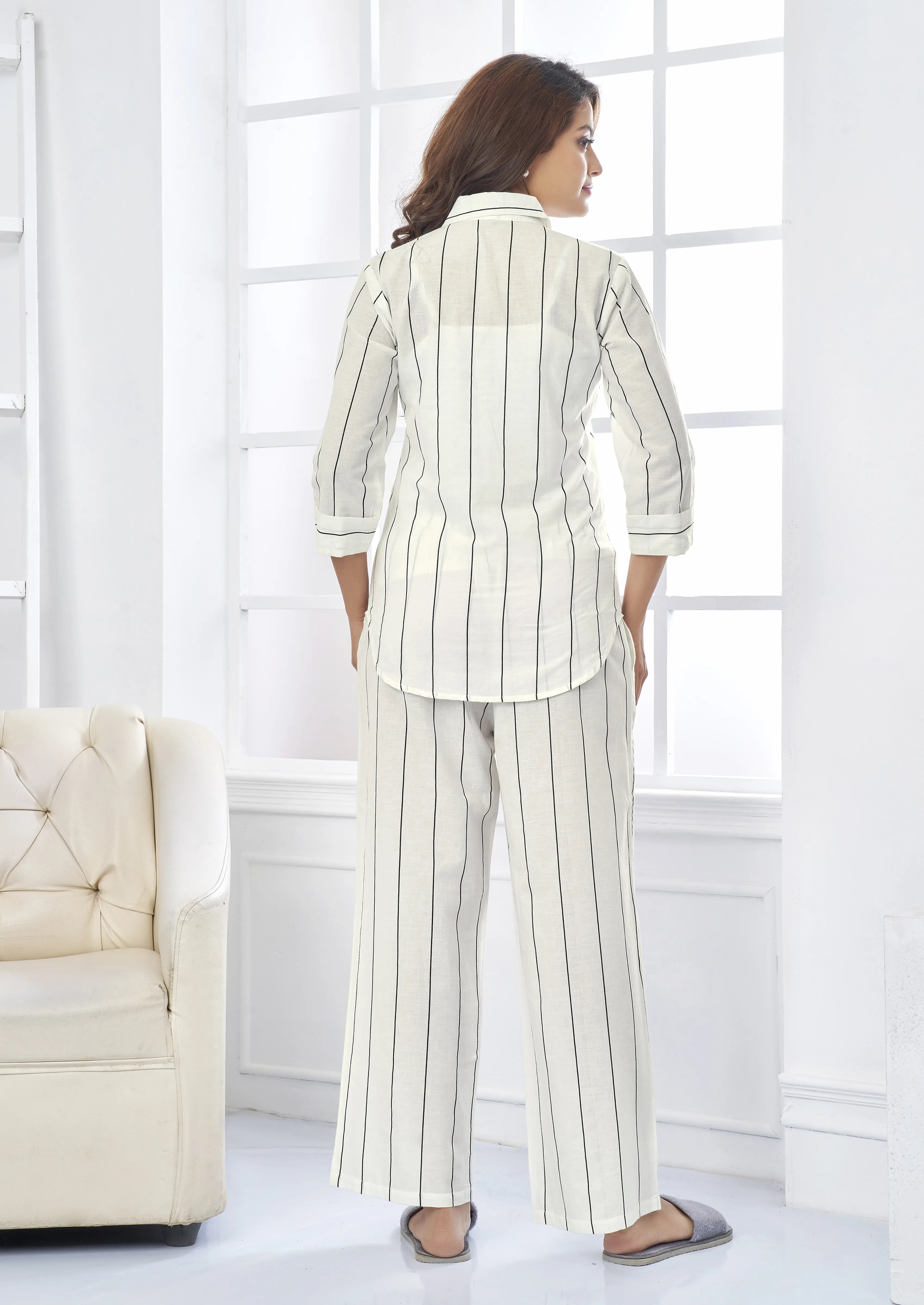 White Cotton Co-ord Set with Black Vertical Stripes