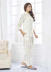 White Cotton Co-ord Set with Black Vertical Stripes