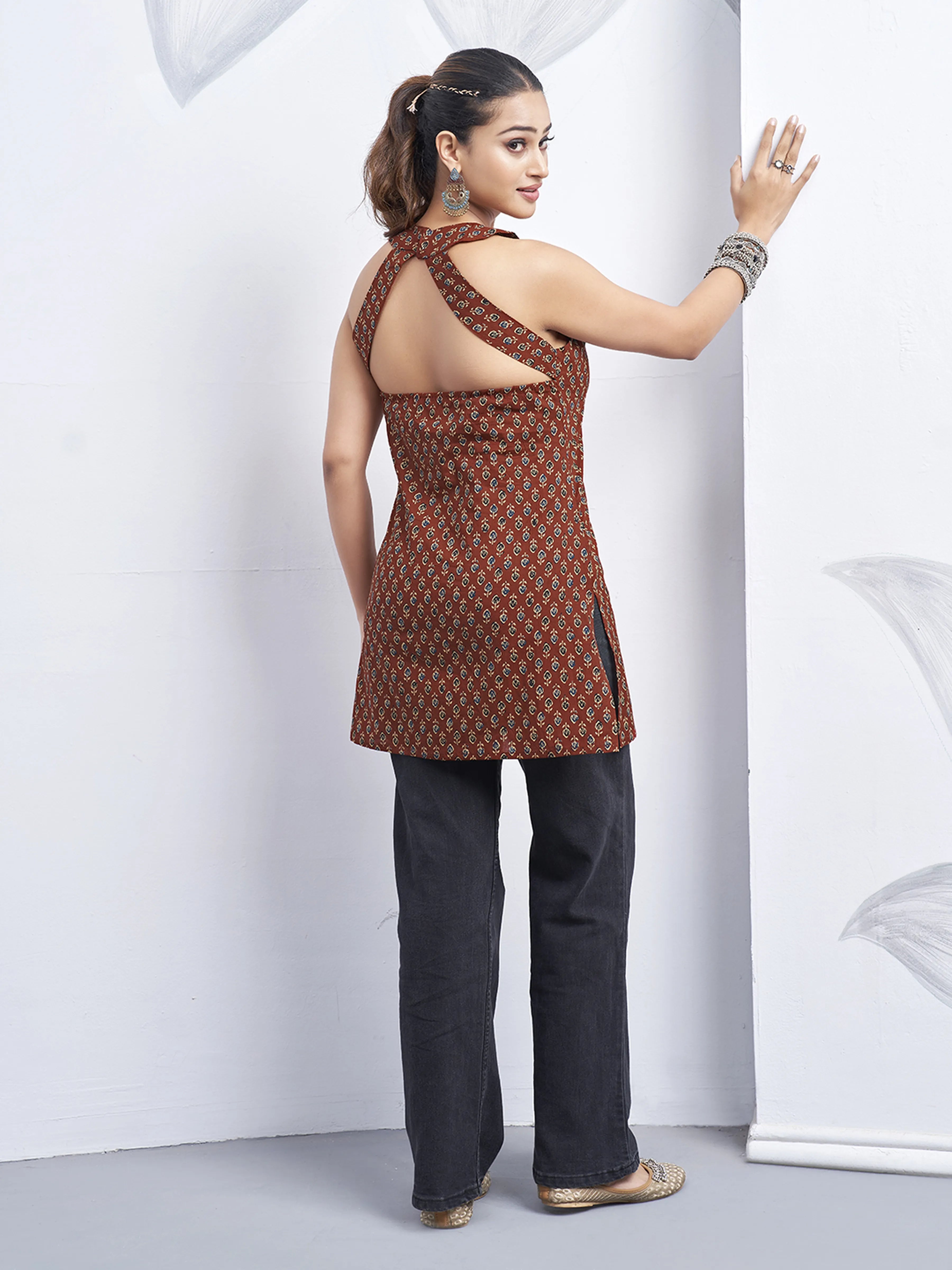 Red Halter Neck Cotton Kurti with Booti Block Print