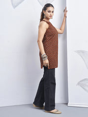 Red Halter Neck Cotton Kurti with Booti Block Print