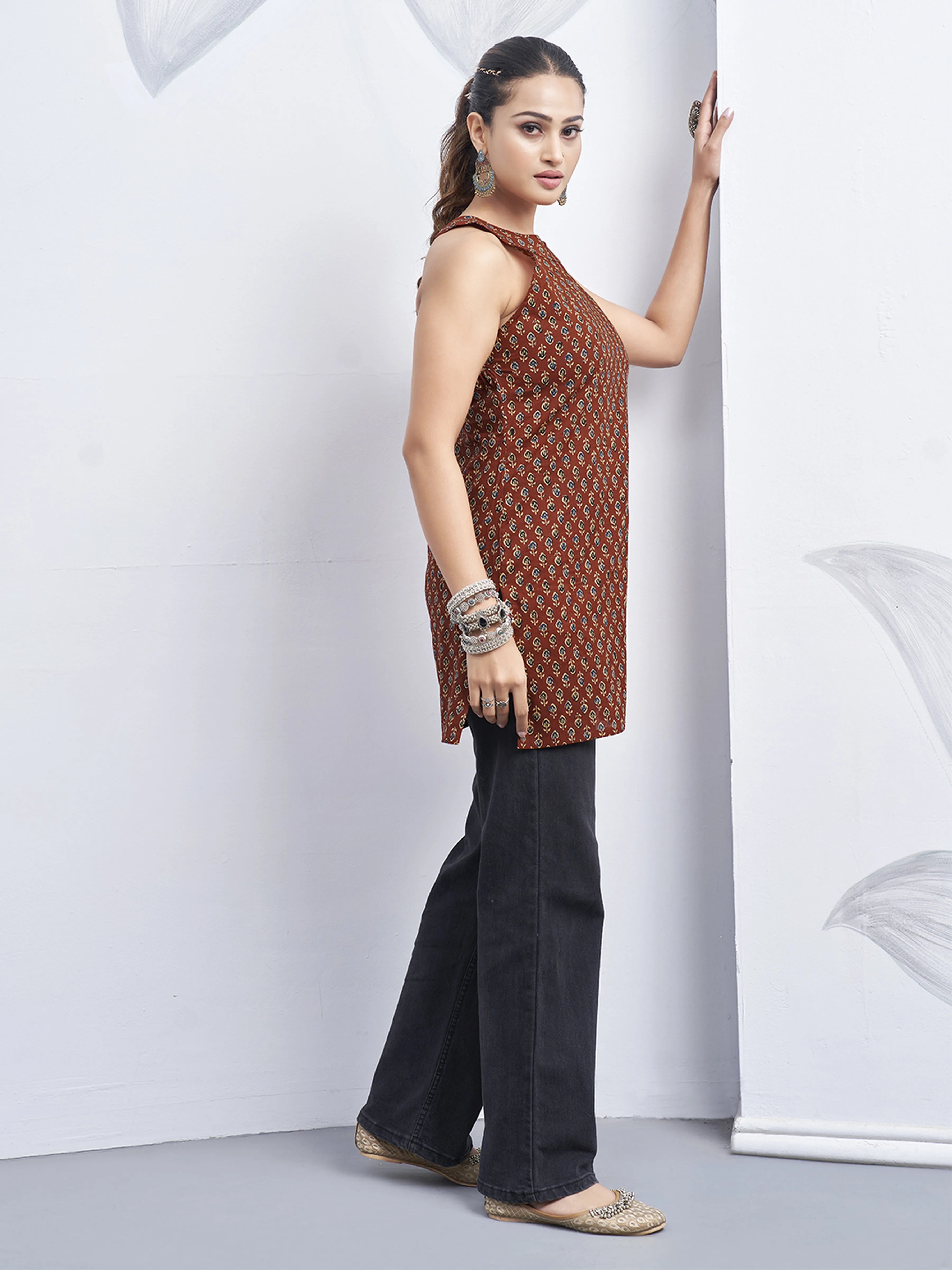 Red Halter Neck Cotton Kurti with Booti Block Print