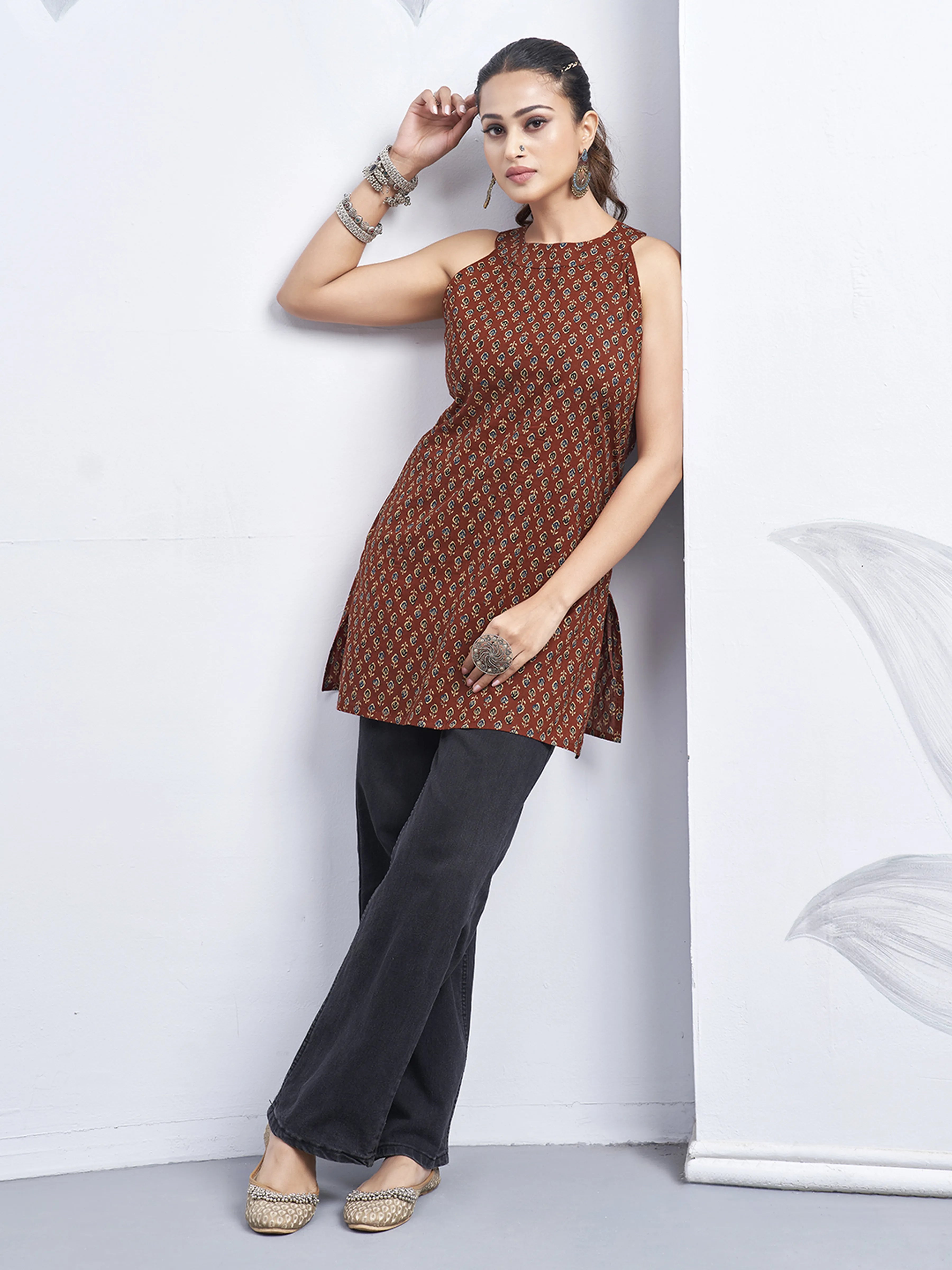 Red Halter Neck Cotton Kurti with Booti Block Print