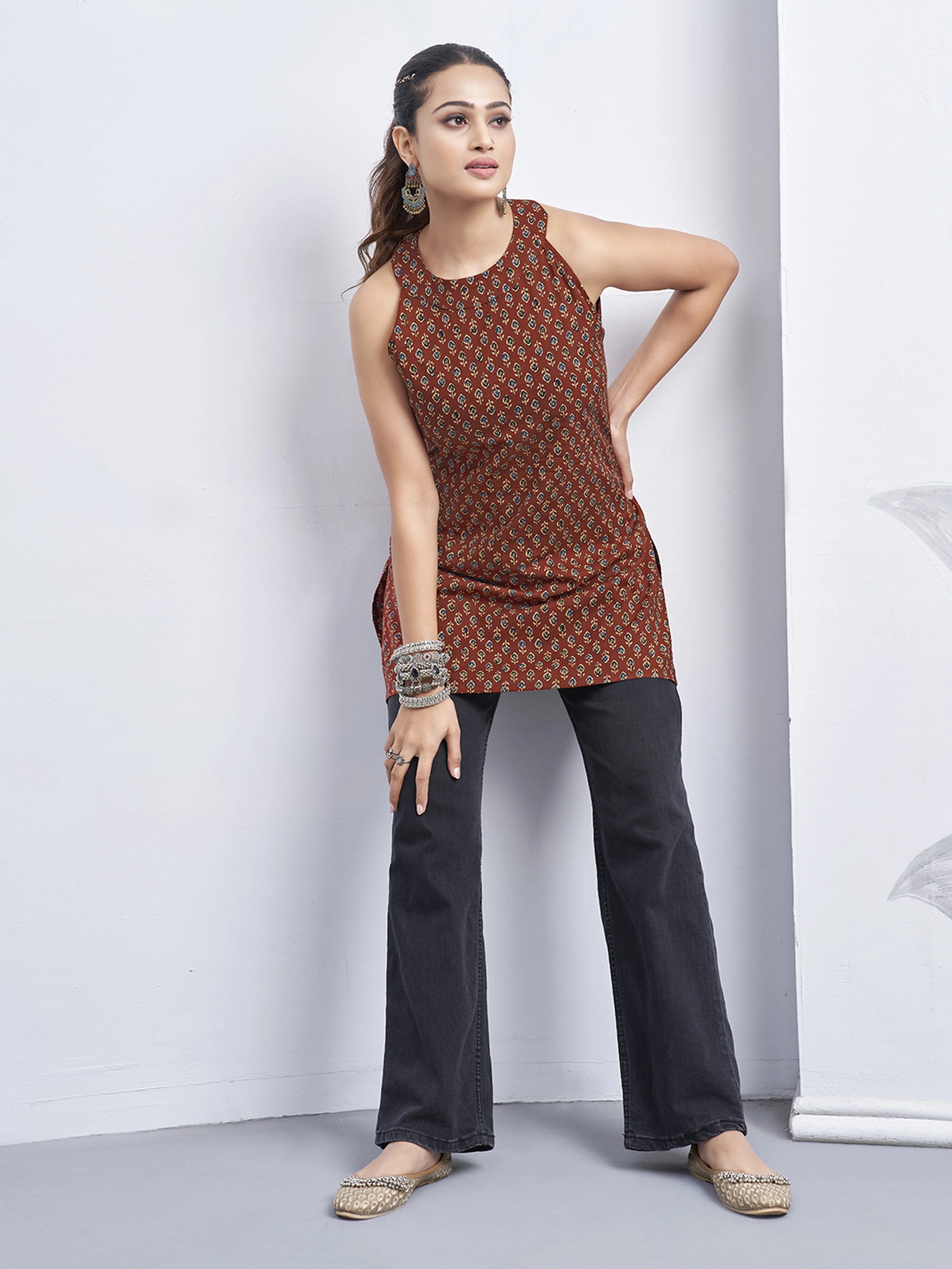 Red Halter Neck Cotton Kurti with Booti Block Print