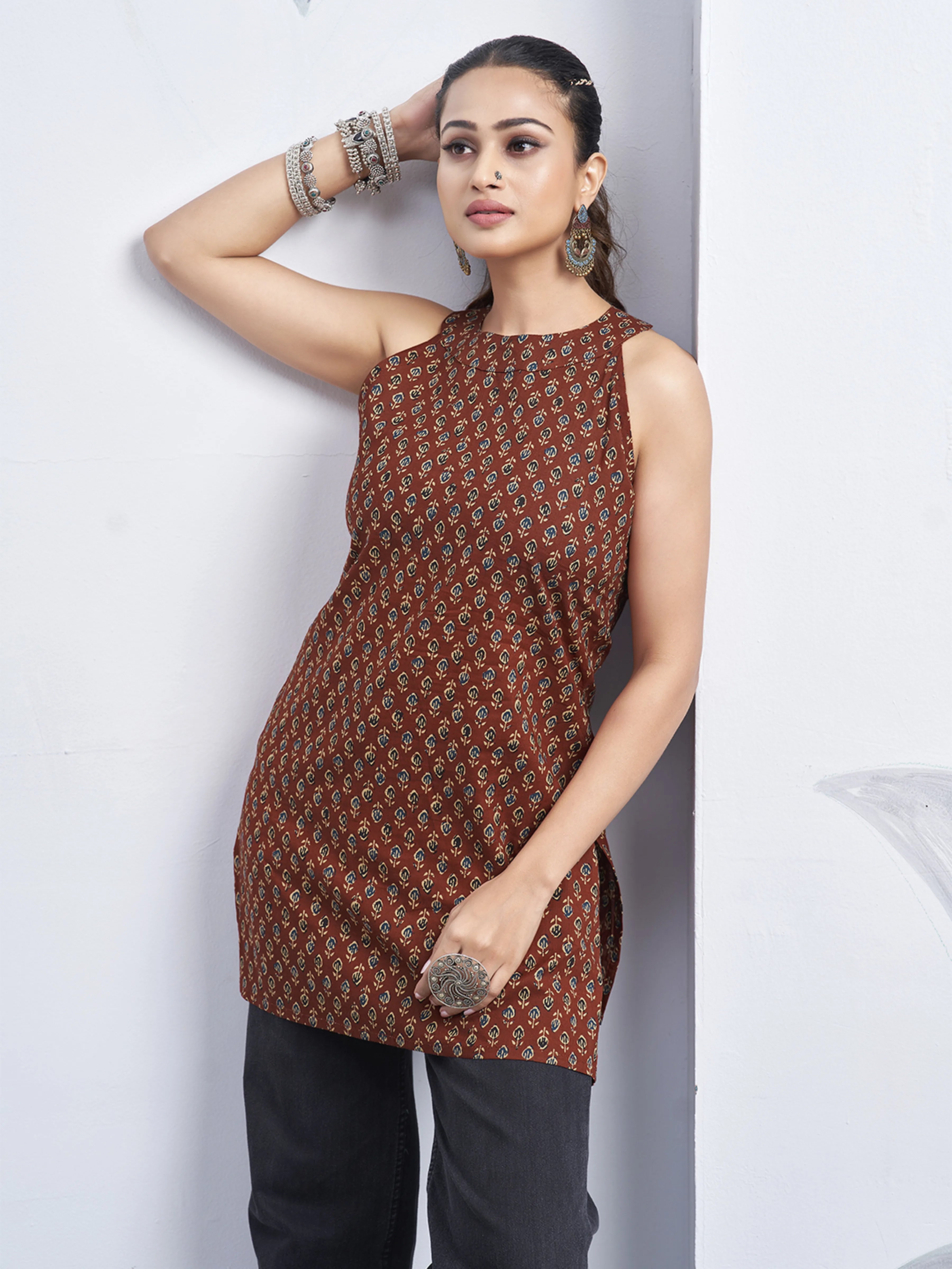 Red Halter Neck Cotton Kurti with Booti Block Print