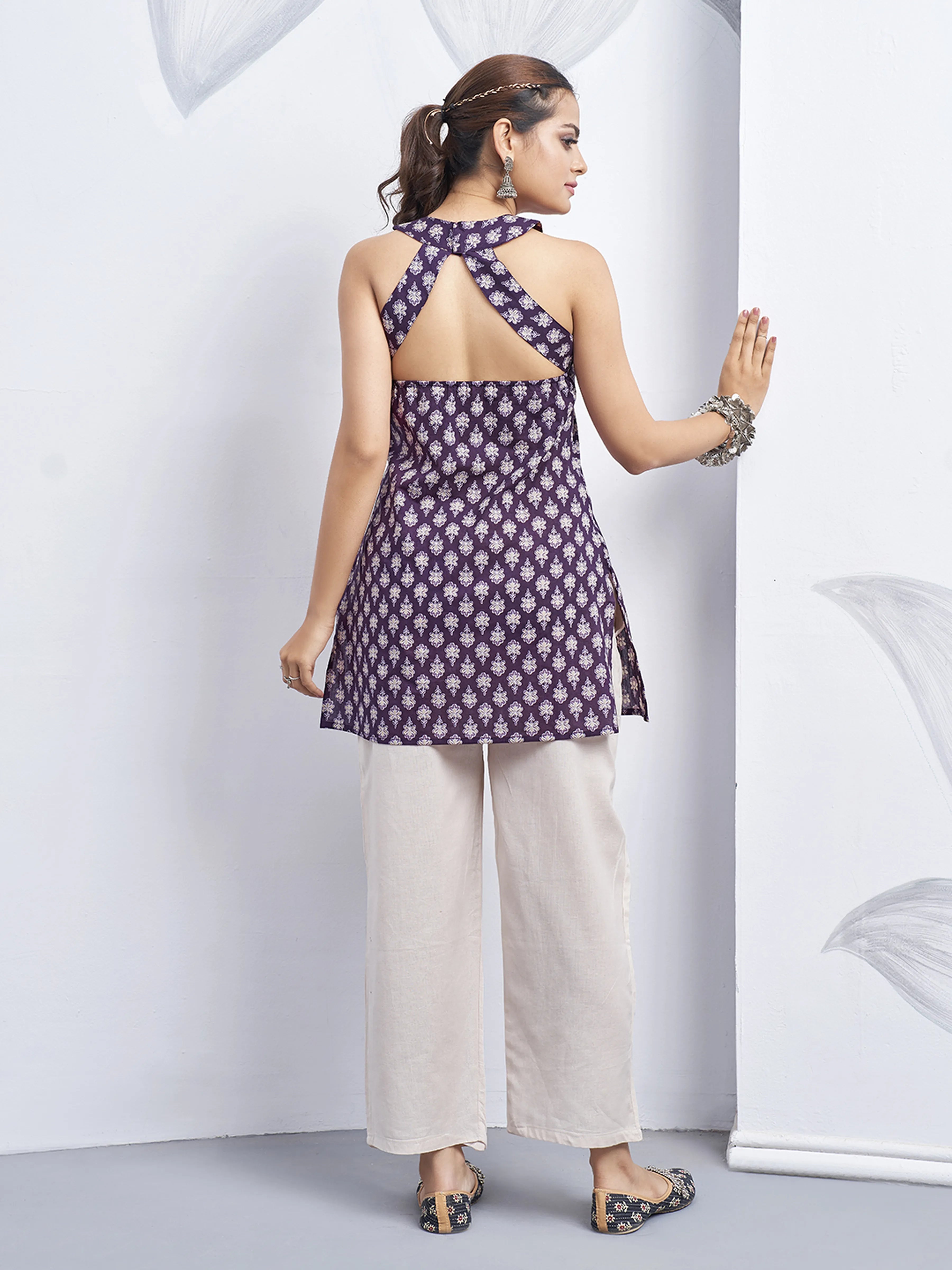 Purple Halter Neck Cotton Kurti with White Flower Block Print