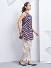 Purple Halter Neck Cotton Kurti with White Flower Block Print