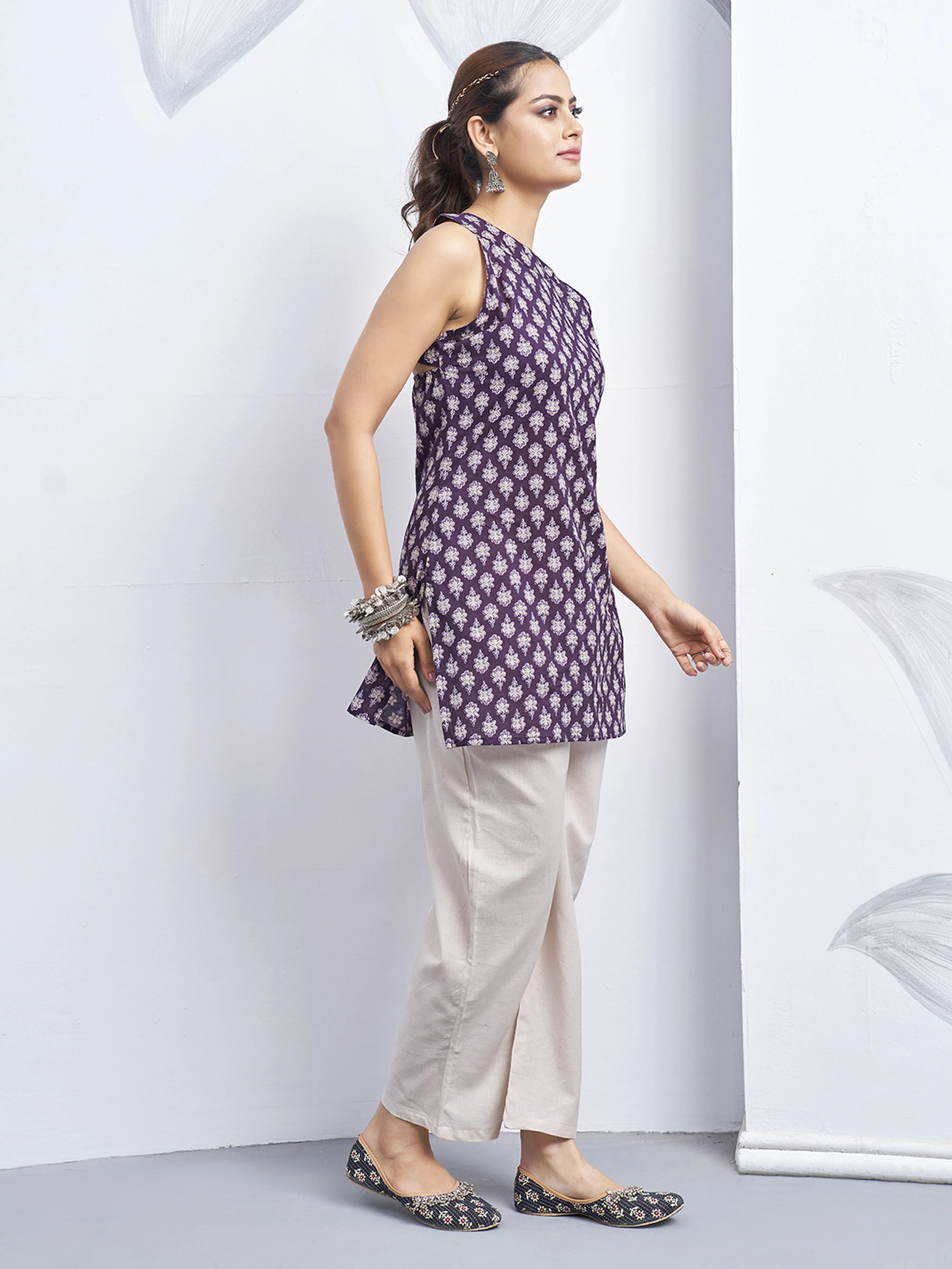 Purple Halter Neck Cotton Kurti with White Flower Block Print