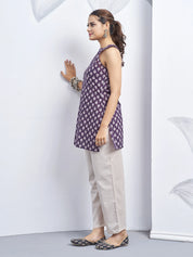 Purple Halter Neck Cotton Kurti with White Flower Block Print