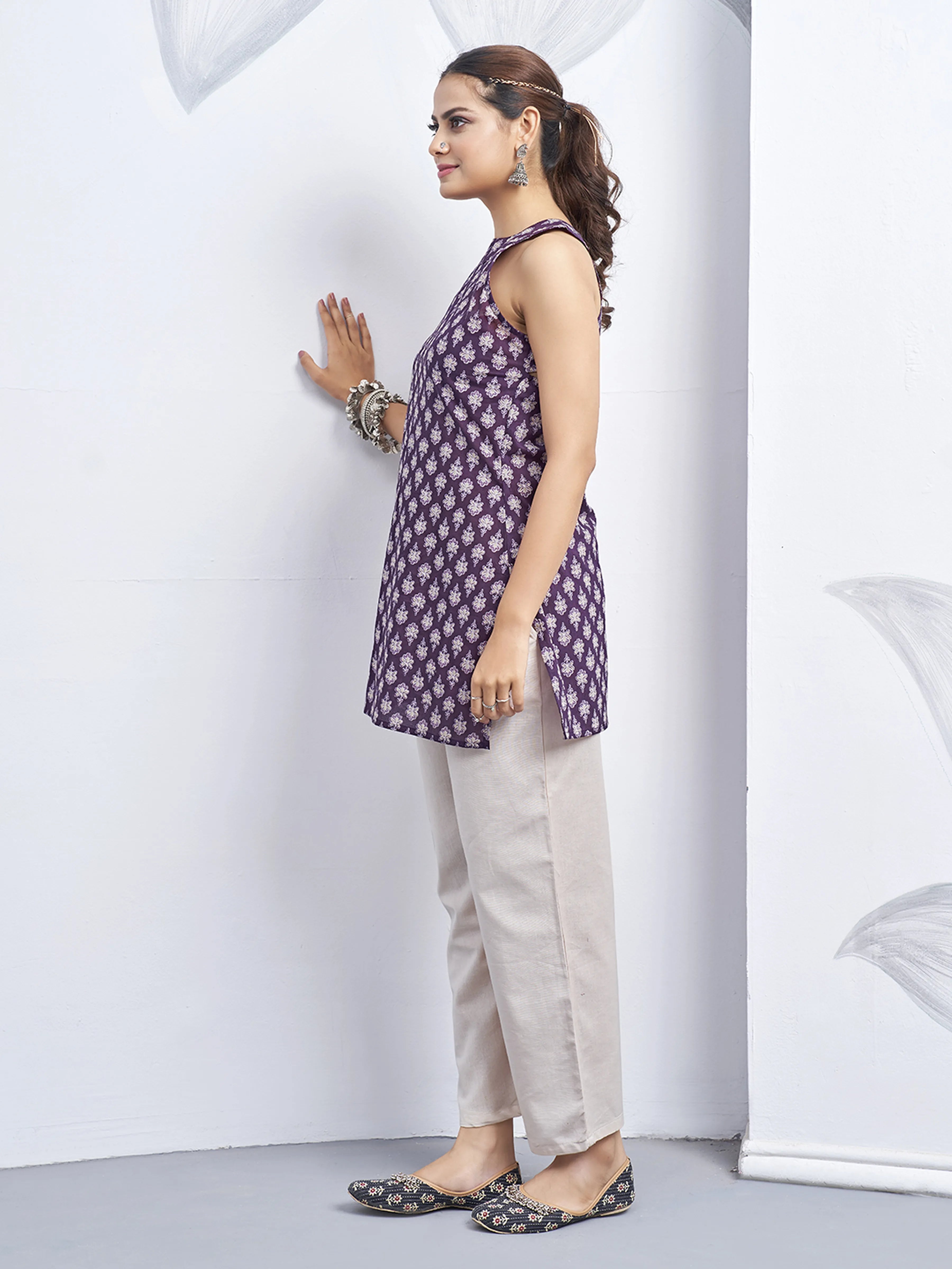 Purple Halter Neck Cotton Kurti with White Flower Block Print