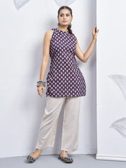 Purple Halter Neck Cotton Kurti with White Flower Block Print