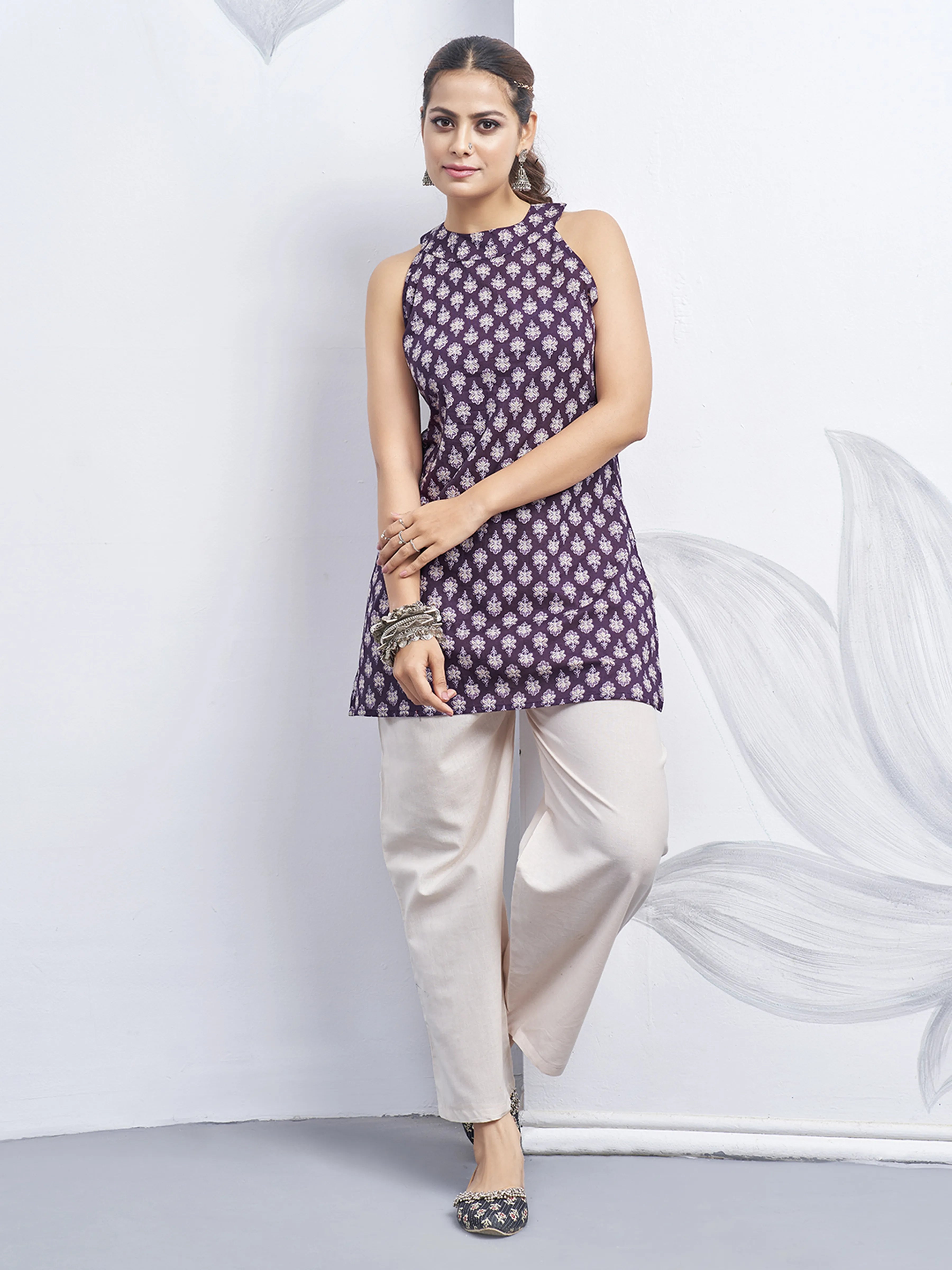 Purple Halter Neck Cotton Kurti with White Flower Block Print