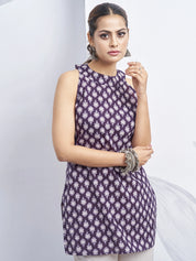 Purple Halter Neck Cotton Kurti with White Flower Block Print