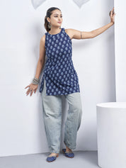 Dark Blue Halter Neck Cotton Kurti with Flower Motif Block Print