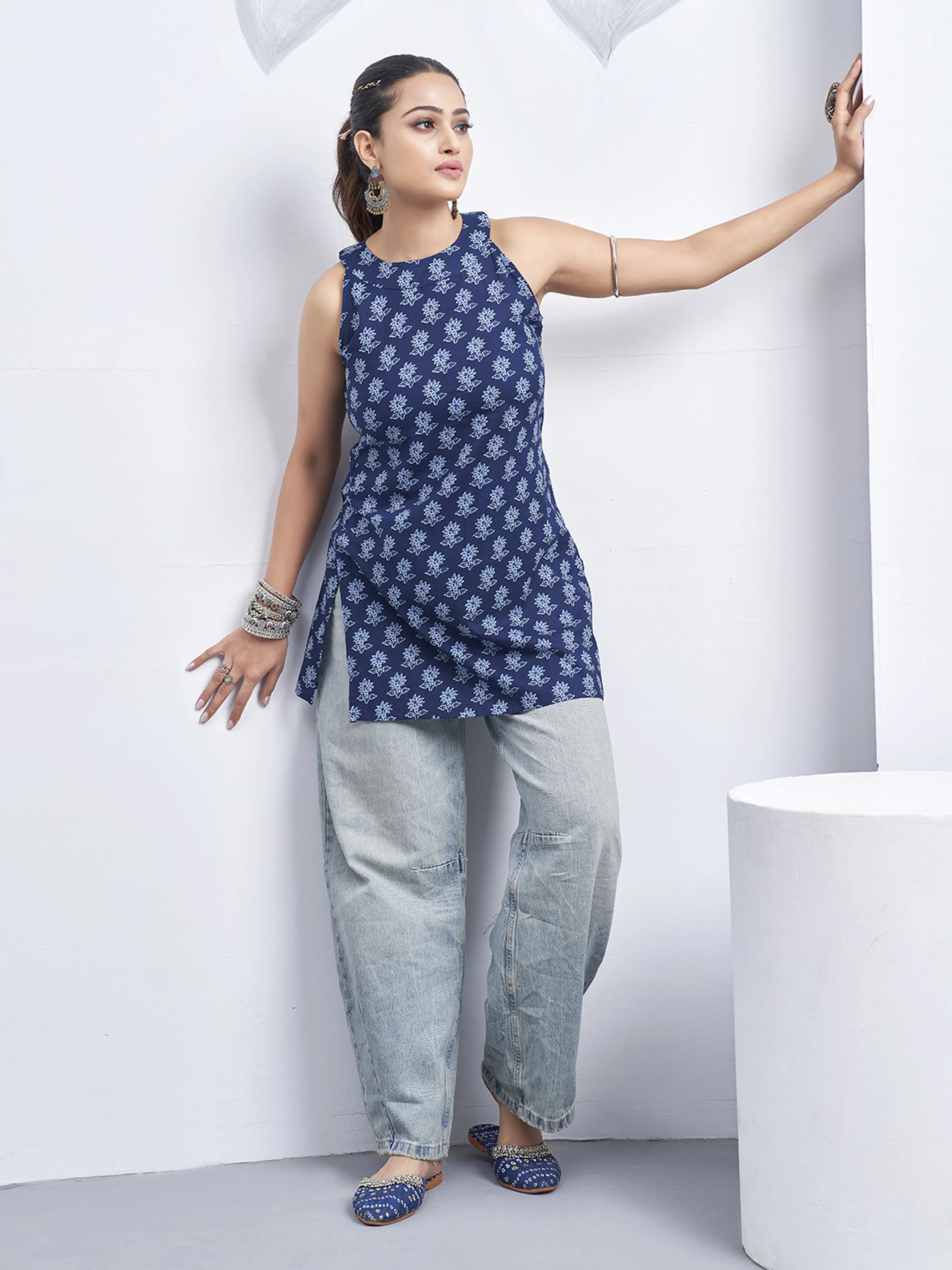Dark Blue Halter Neck Cotton Kurti with Flower Motif Block Print