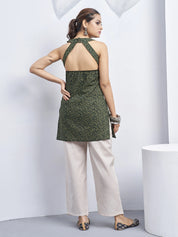 Forest Green Halter Neck Cotton Kurti with Backless Detail