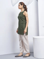 Forest Green Halter Neck Cotton Kurti with Backless Detail
