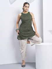 Forest Green Halter Neck Cotton Kurti with Backless Detail
