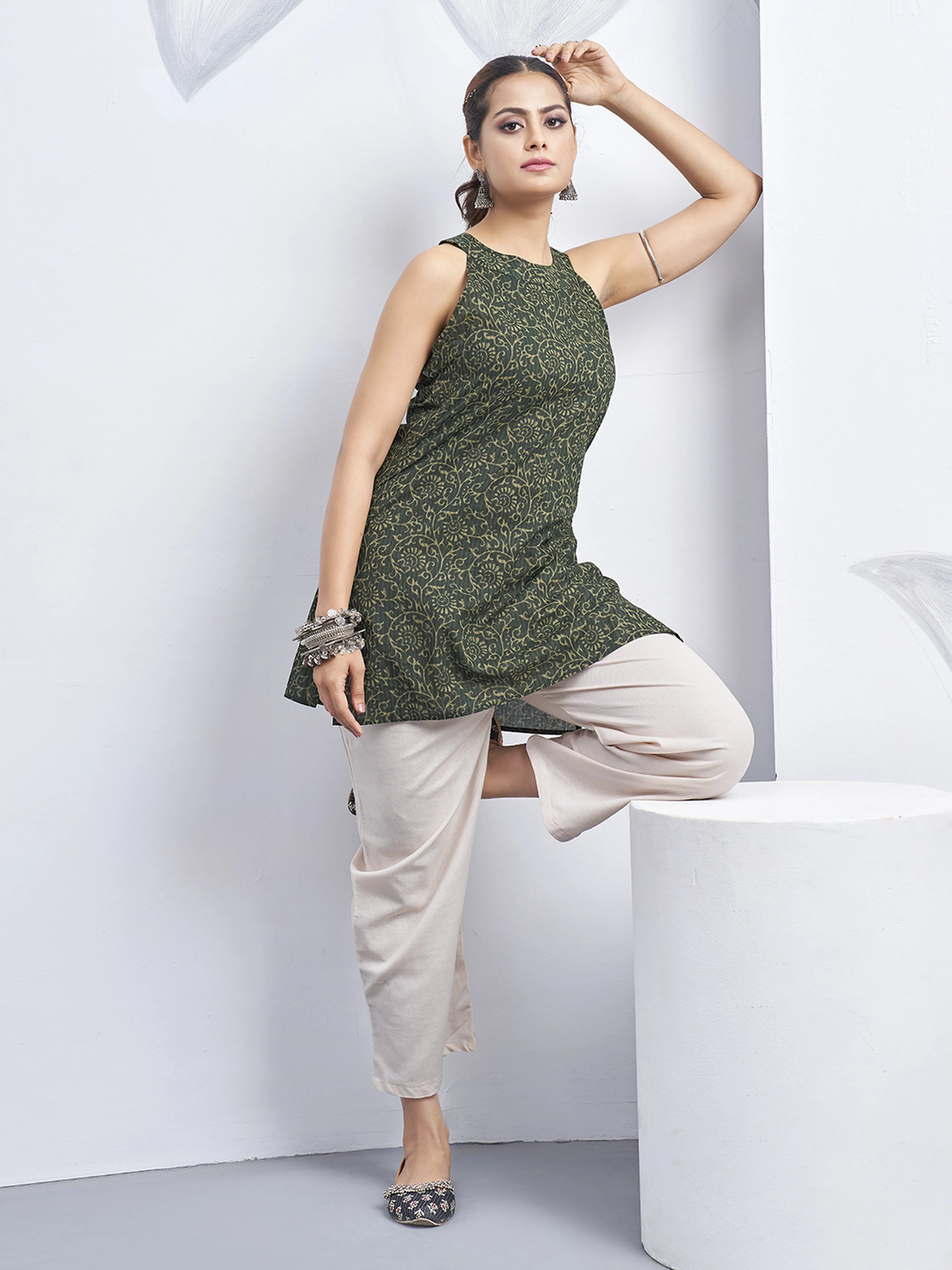 Forest Green Halter Neck Cotton Kurti with Backless Detail